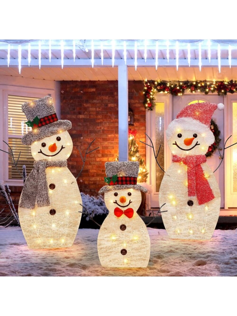 Pre-Lit Collapsible Snowman Family with 60 Lights - Outdoor Christmas Decoration